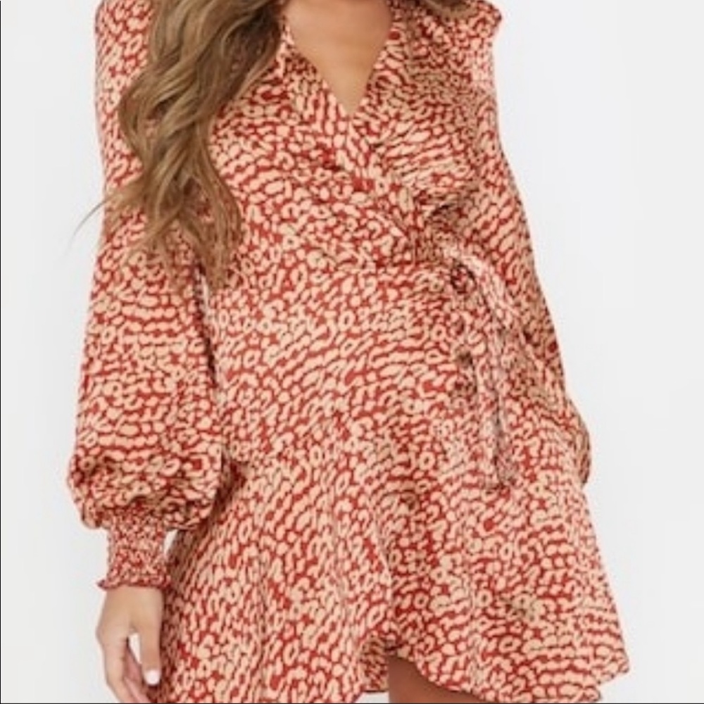 Red and tan leopard satin wrap dress